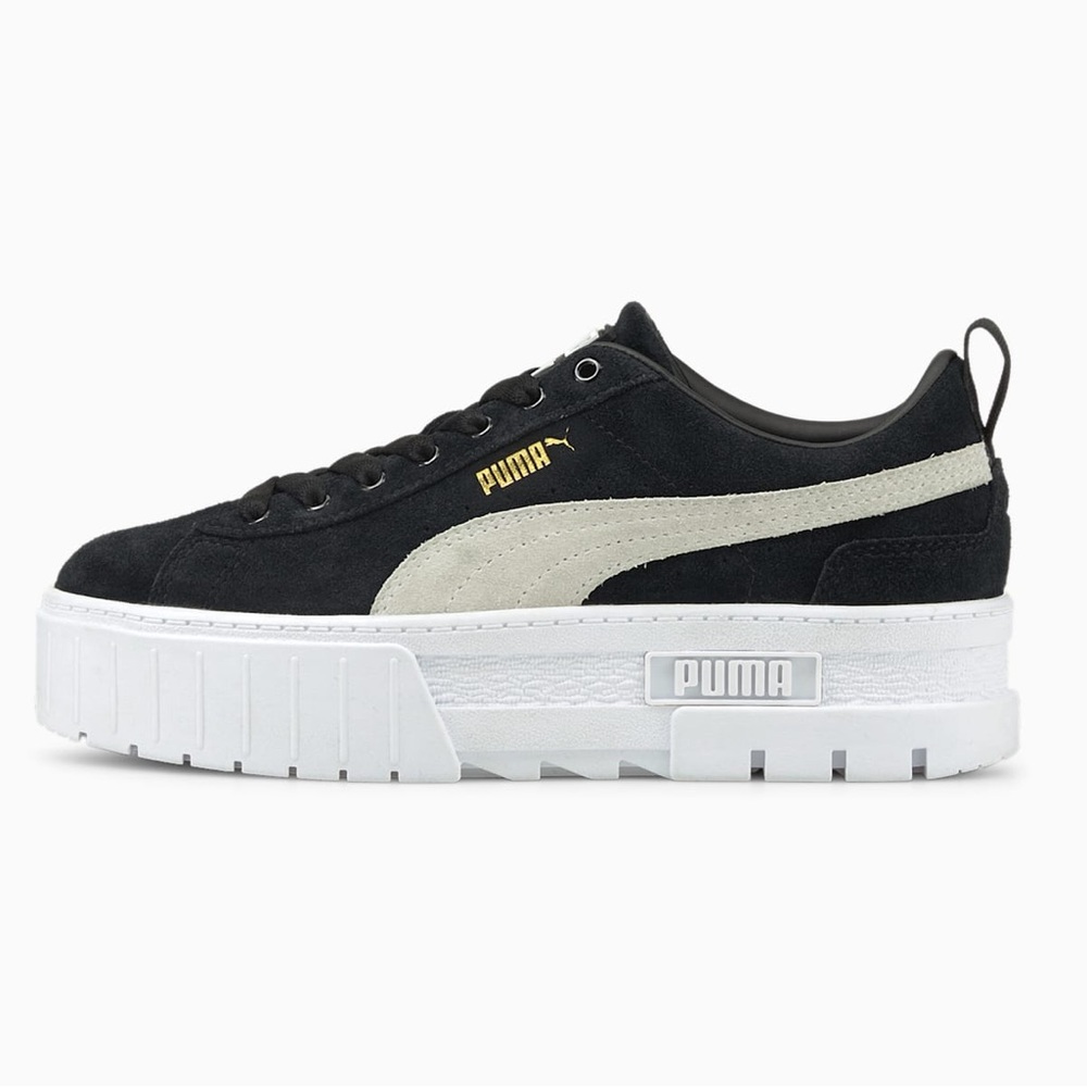 PUMA Mayze Black & White Stacked Sole Platform Suede Lace Up Low Top Snea